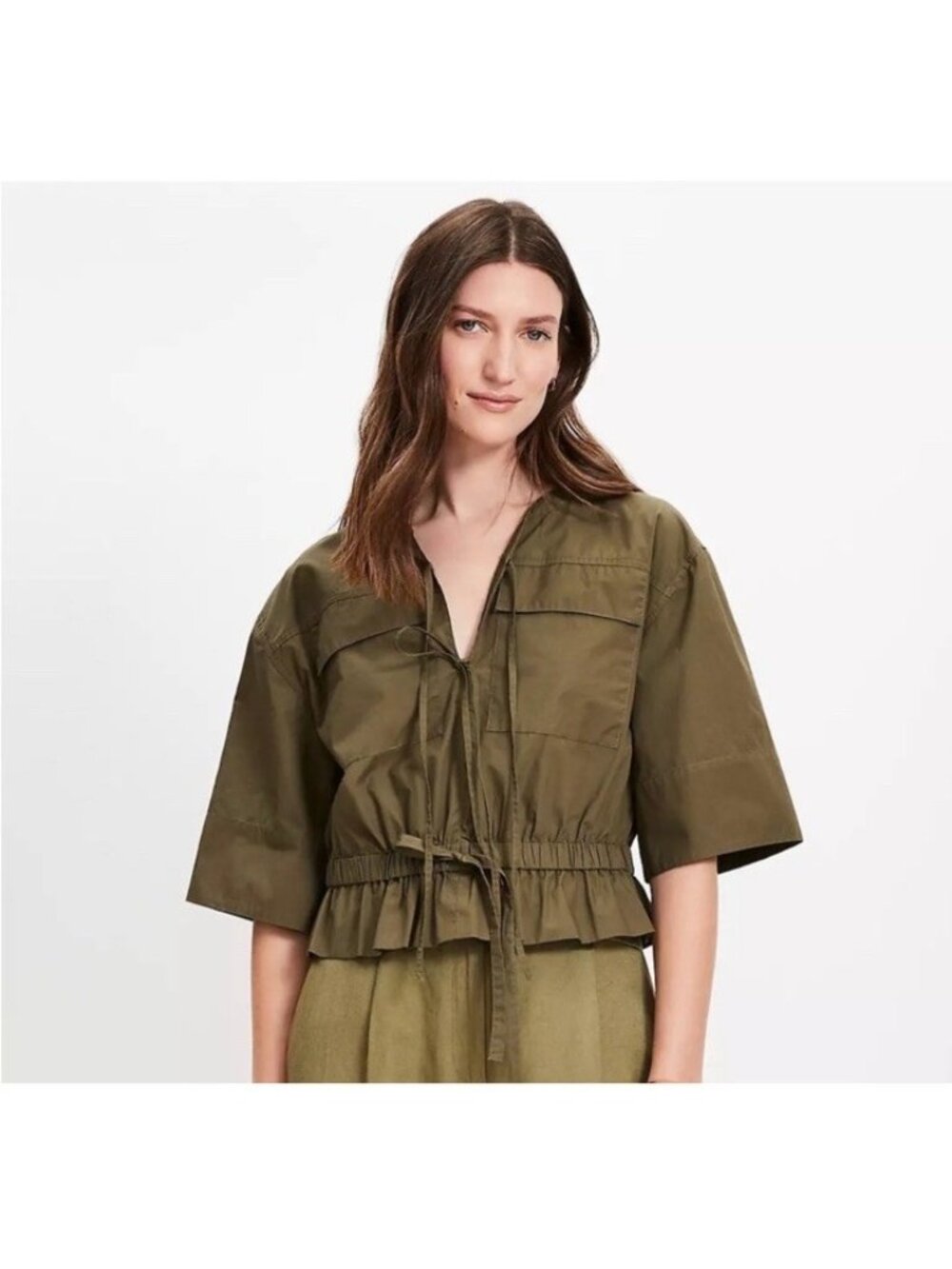 LOFT Poplin Safari Peplum Top L Olive Green Elevated Basic Office Work